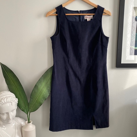 VINTAGE Suede-feel Navy Shift Dress - Picture 1 of 8